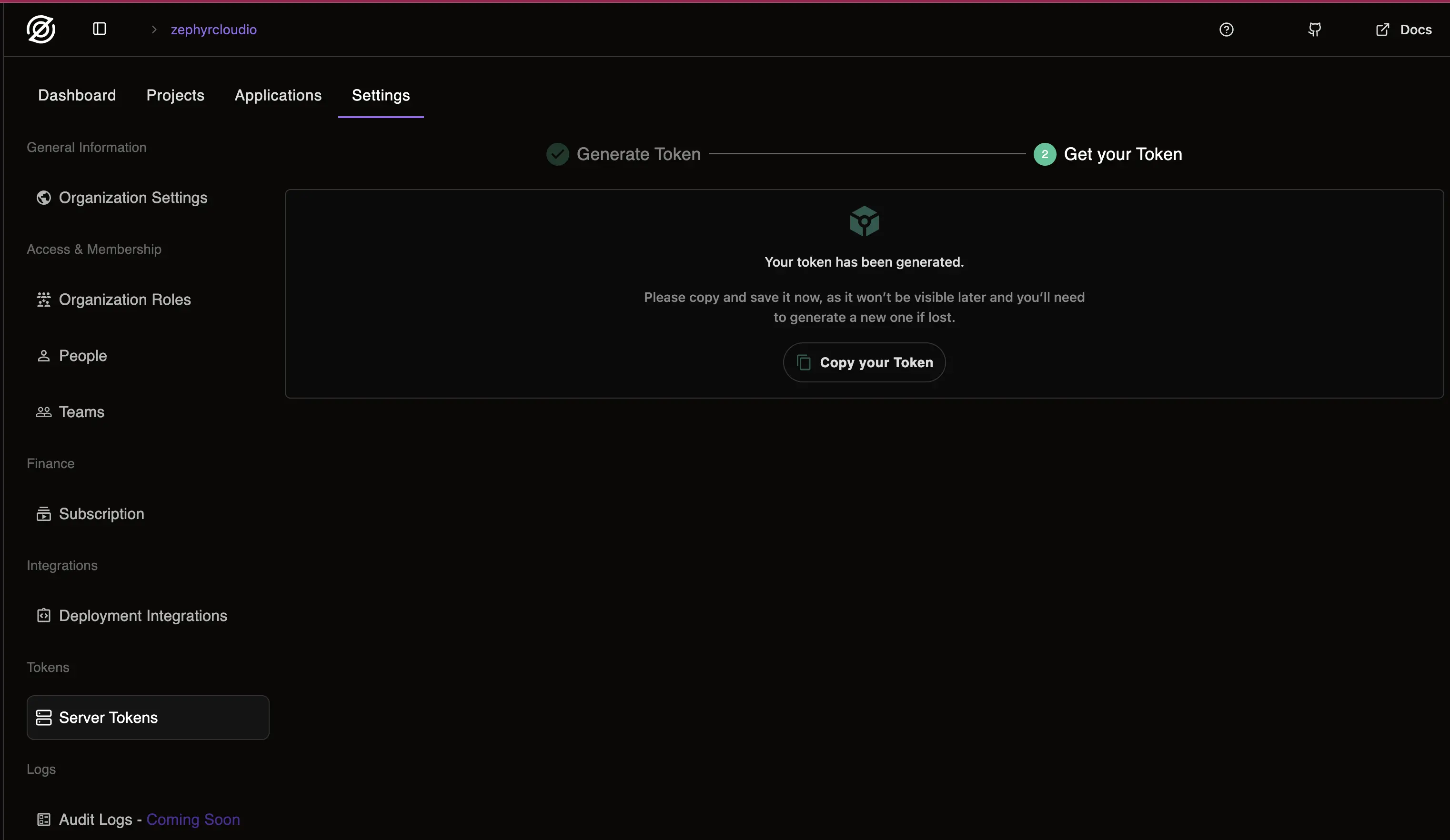 server token created screen